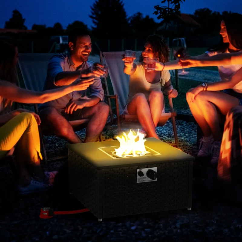 Outsunny Rattan Gas Fire Pit Table for Garden, 13 KW Smokeless Propane Fire Pit with Lid, Square Garden Coffee Table with Patio Heater for Outdoor, Patio, 58 x 58 x 33 cm, Grey