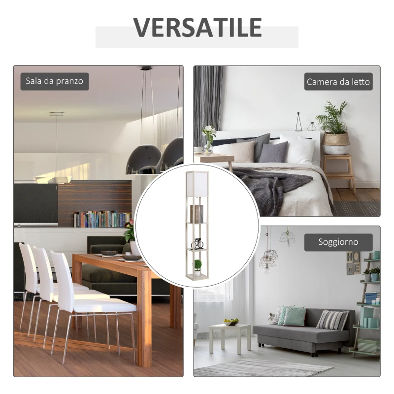 HOMCOM Lampada da Terra Piantana 40W con 3 Scaffale, Attacco E27, Lampada da Pavimento Moderno con Paralume in Acrilico, Soggiorno, Salotto, Camera da Letto, Studio, Ufficio, 26x26x160cm, Rovere