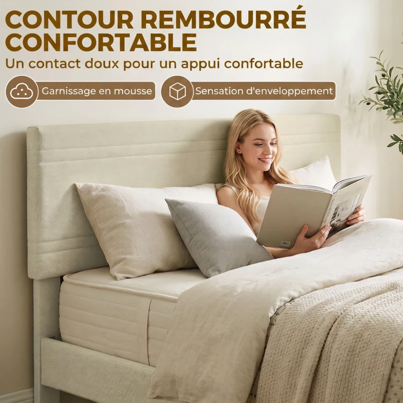 HOMCOM Cadre de Lit 160 x 200 cm avec Sommier en Bois, Rembourré en Effet Lin, Cadre en Acier, 9 Pieds Robustes, Beige