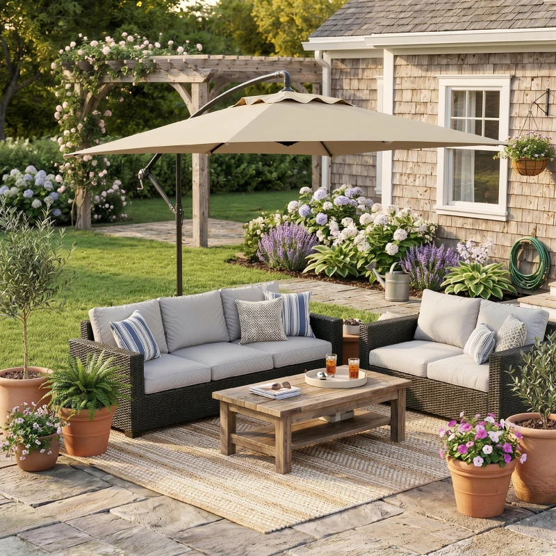 Outsunny Ombrellone da Giardino Decentrato con Base a Croce e Apertura a Manovella, 294x193cm, Beige