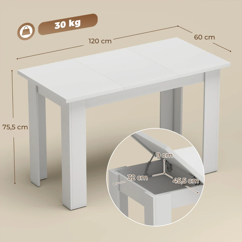 HOMCOM Mesa de Comedor para 4 Personas con Sobre Abatible y Compartimentos Ocultos, 120 x 60 x 75,5 cm, Blanco