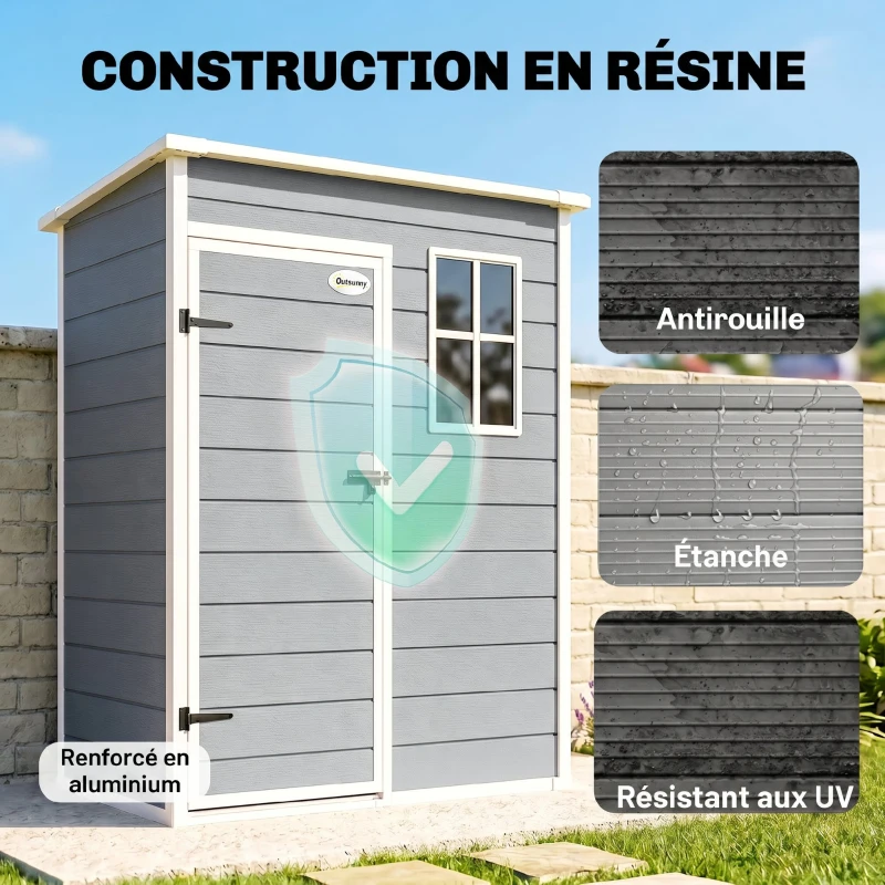 Outsunny Abri de jardin 1,14 m² pour outils - porte verrouillable, aération et fenêtre - dim. 151L x 92l x 193H cm  - plastique, gris