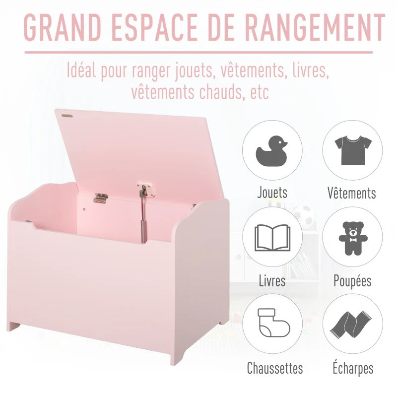 HOMCOM Coffres à Jouets pour Enfants Boîte à Jouets Malle de Rangement Dim. 60L x 40l x 48H cm Vérin Pneumatique MDF Rose