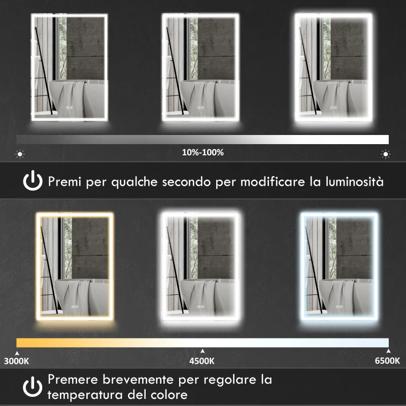 HOMCOM Armadietto Bagno con Specchiera, Luci LED Regolabili e Funzione Anti-Appannamento, Nero