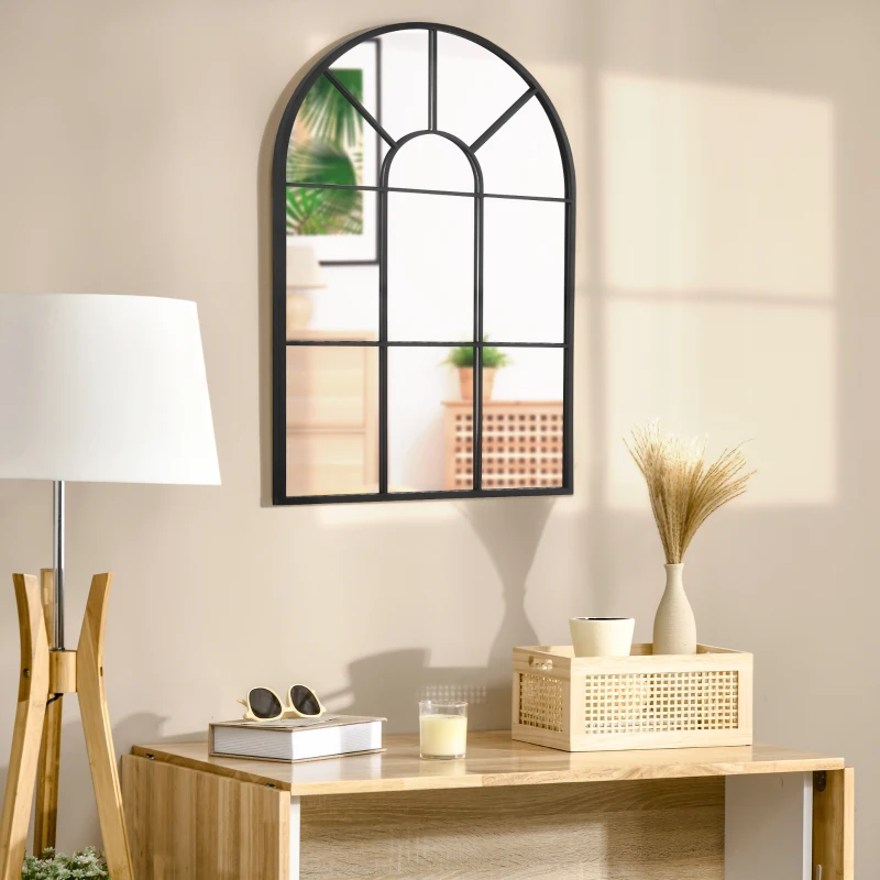 HOMCOM Specchio Moderno a Parete e a forma di Arco 91x60 cm per Camera da Letto e Soggiorno, in Metallo Nero e Vetro