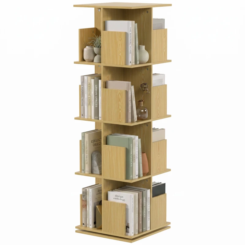 HOMCOM Bibliotecă rotativă cu 4 niveluri, etajeră de depozitare cu 16 compartimente, 39 x 39 x 128,3 cm, stejar
