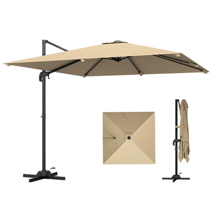 Outsunny Parasol déporté carré 3 x 3 m, parasol de jardin extérieur, rotation 360°, inclinable 5 positions, base en croix, kaki