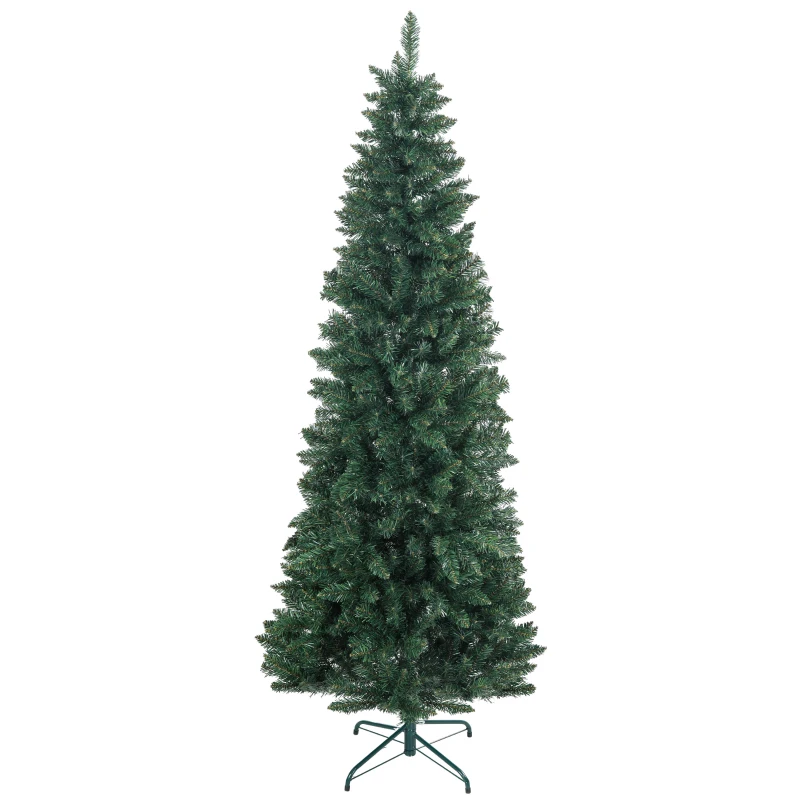 HOMCOM Brad de Crăciun Artificial 210 cm cu 687 de Ramuri, Design Îngust și Înalt cu Bază Rabatabilă, Verde