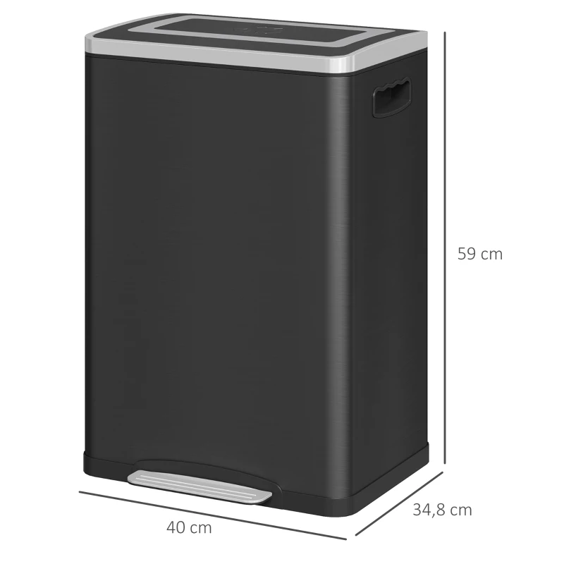 HOMCOM Bidone Immondizia a 2 Sezioni da 20L con Coperchio Silenzioso, in Acciaio Inox e PP, 40x34.8x59 cm, Nero