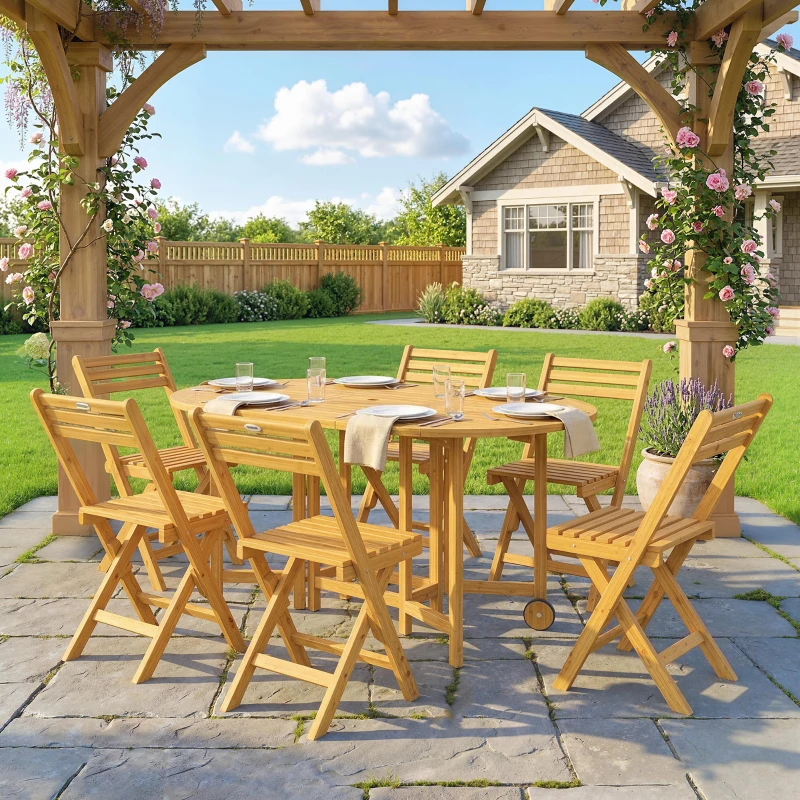 Outsunny Set Pranzo 7 Pezzi, Tavolo Estensibile Legno e 6 Sedie Pieghevoli per Giardino