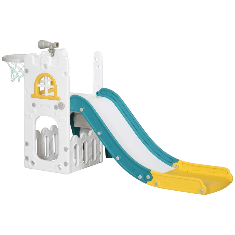 AIYAPLAY 5 in 1 Toddler Slide with Basketball Hoop, Climber, Telescope, Storage Basket, for Ages 1-3 Years, Yellow