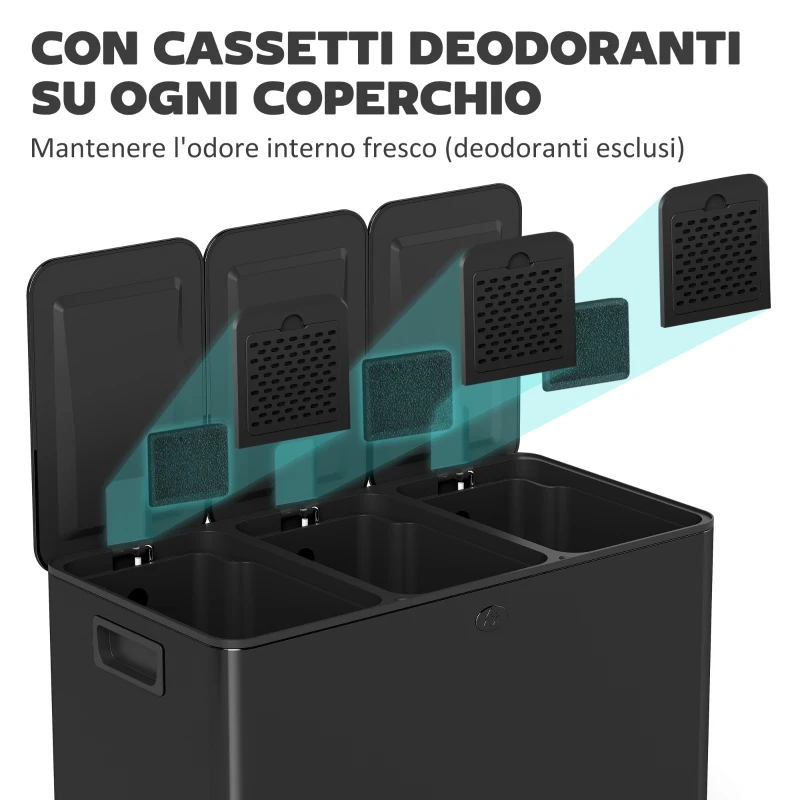HOMCOM Bidone Immondizia a 3 Sezioni da 20L con Chiusura Silenziosa, in Acciaio Inox e PP, 61.9x36.6x56.7 cm, Nero