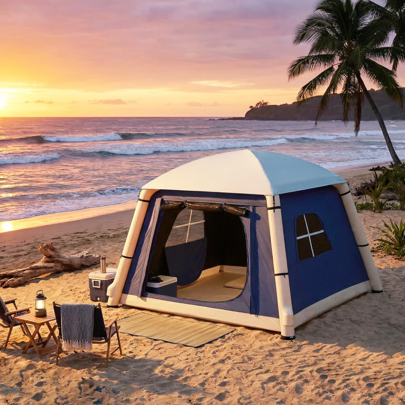 Outsunny Inflatable Camping Tent with Hand Pump, Easy Setup 1/2 Person Blackout Blow Up Tent, Dark Blue