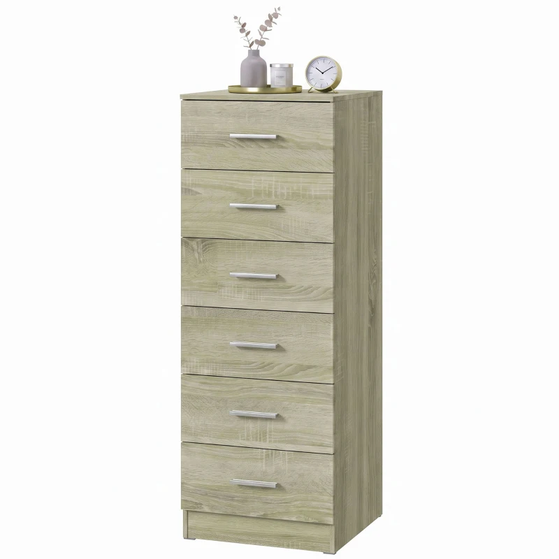 HOMCOM Comodă 6 sertare, corp de depozitare, stil modern, pentru dormitor, intrare, hol, 40x40x110cm, stejar