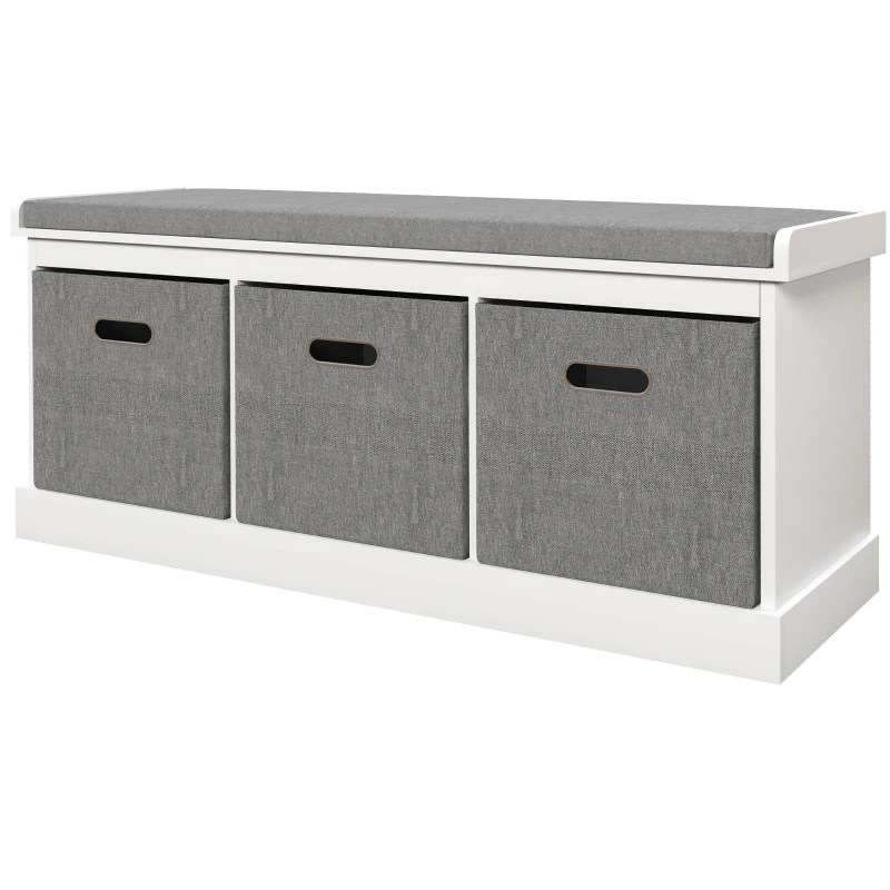 HOMCOM Panca Scarpiera in Legno con 3 Cassetti e Seduta in Tessuto per 3 Paia di Scarpe, 105x35x47 cm, Bianco