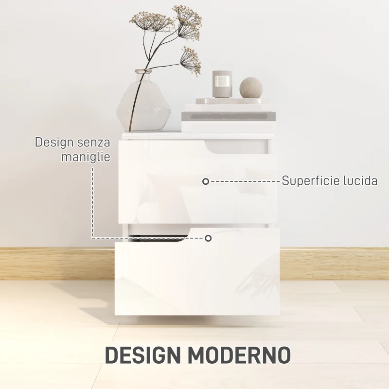HOMCOM Comodino Moderno in Legno con 2 Cassetti e Design Lucido, 40x40x48 cm, Bianco