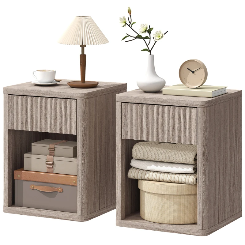 HOMCOM Modern Bedside Table Set of 2, Bedside Cabinet with Drawer and Open Shelf, Side End Table, Nightstand for Bedroom, Oak
