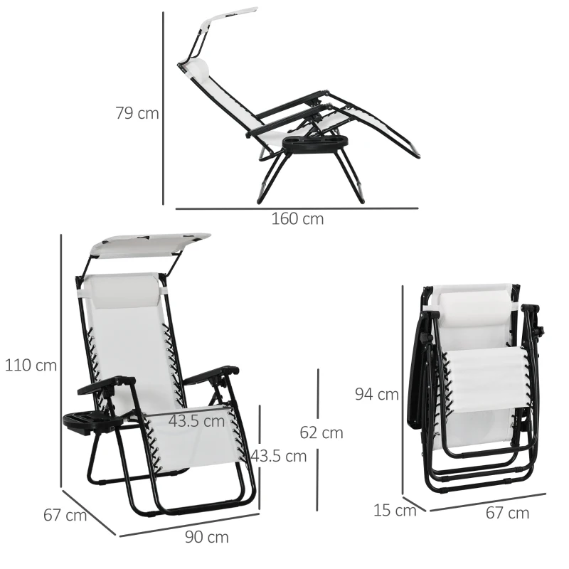 Outsunny 2 Piece Foldable Reclining Garden Chair with Headrest, Zero Gravity Deck Sun Lounger Seat Chair with Footrest, Armrest, Cup Holder & Canopy Shade, White