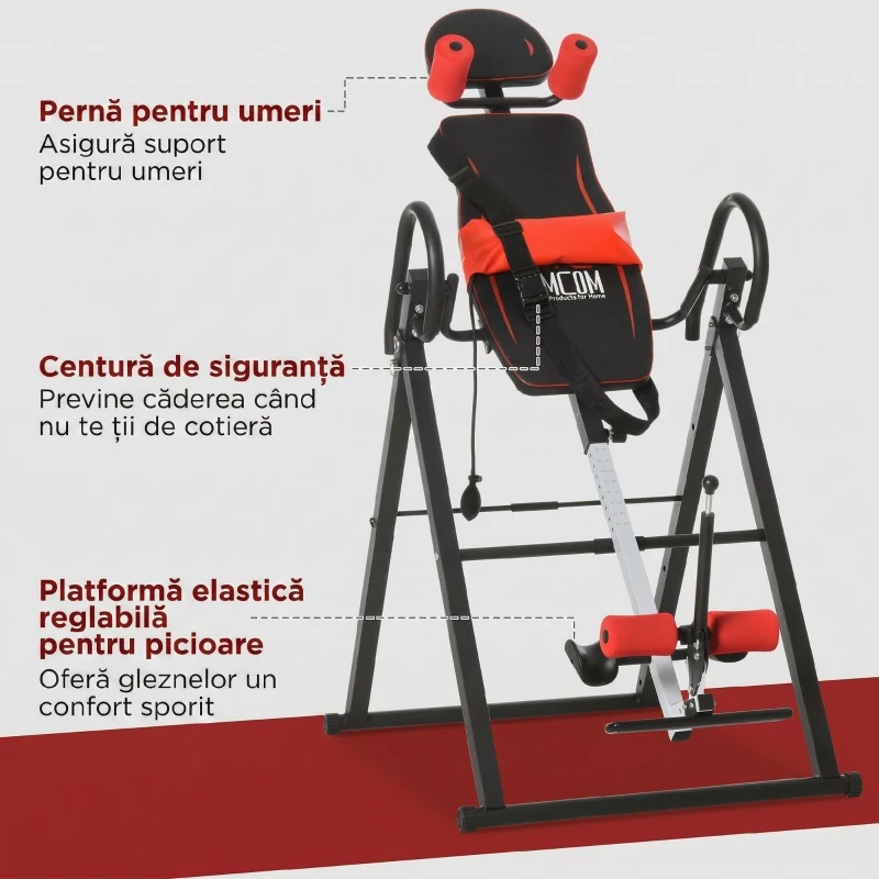 HOMCOM Bancă de Inversiune cu Unghi și Înălțime Reglabile și Tetieră, din Oțel și Plastic, 79x114x153 cm, Roșu și Negru
