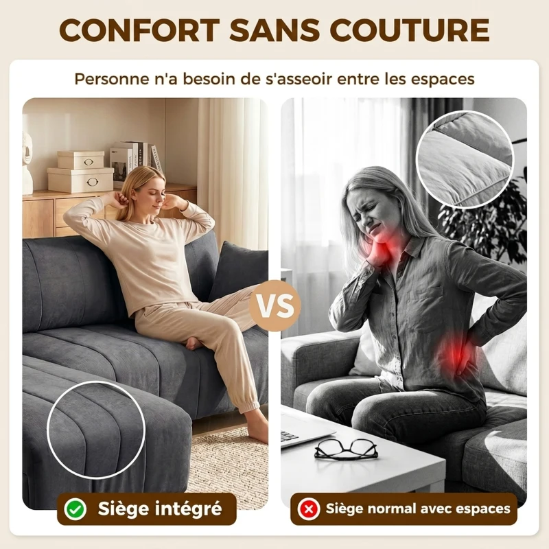HOMCOM Canapé d'Angle Modulable 242 cm, Canapé 4 Places en L avec Méridienne Réversible, 2 Oreillers, Tissu Aspect Lin, Gris