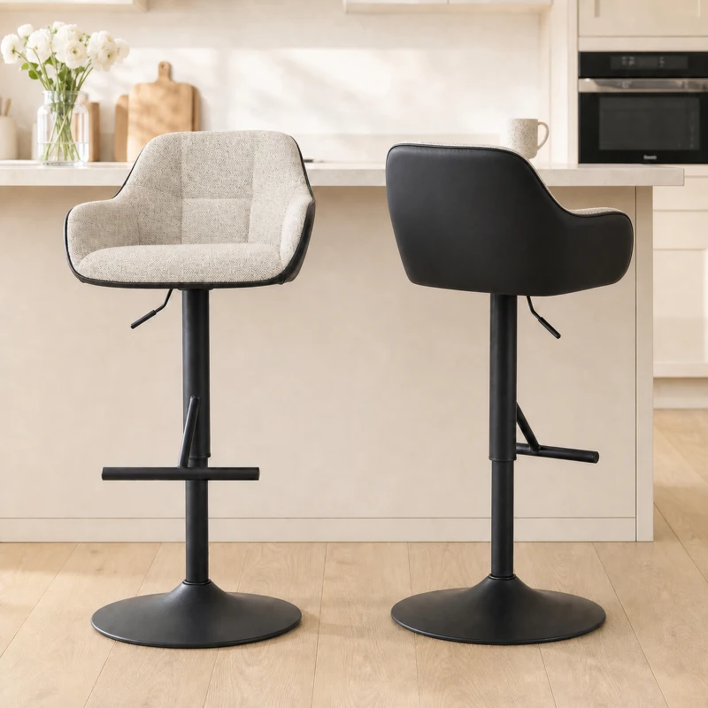 HOMCOM Set 2 Scaune Tapițate Reglabile pe Înălțime cu Spătar și Brațe, 52,5x53x86,5-108 cm, Negru și Gri Deschis(m-2)