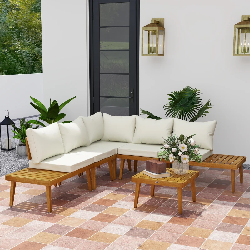 Outsunny Salon de jardin extérieur 5 places modulable en bois d'acacia, canapé d'angle extérieur avec table basse et coussins