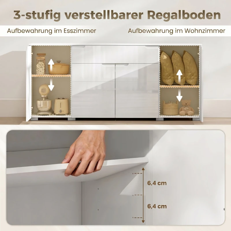 HOMCOM Hochglanz-Sideboard, moderne Kommode mit 4 Türen und verstellbaren Einlegeböden, Soft-Close-Funktion, Weiß