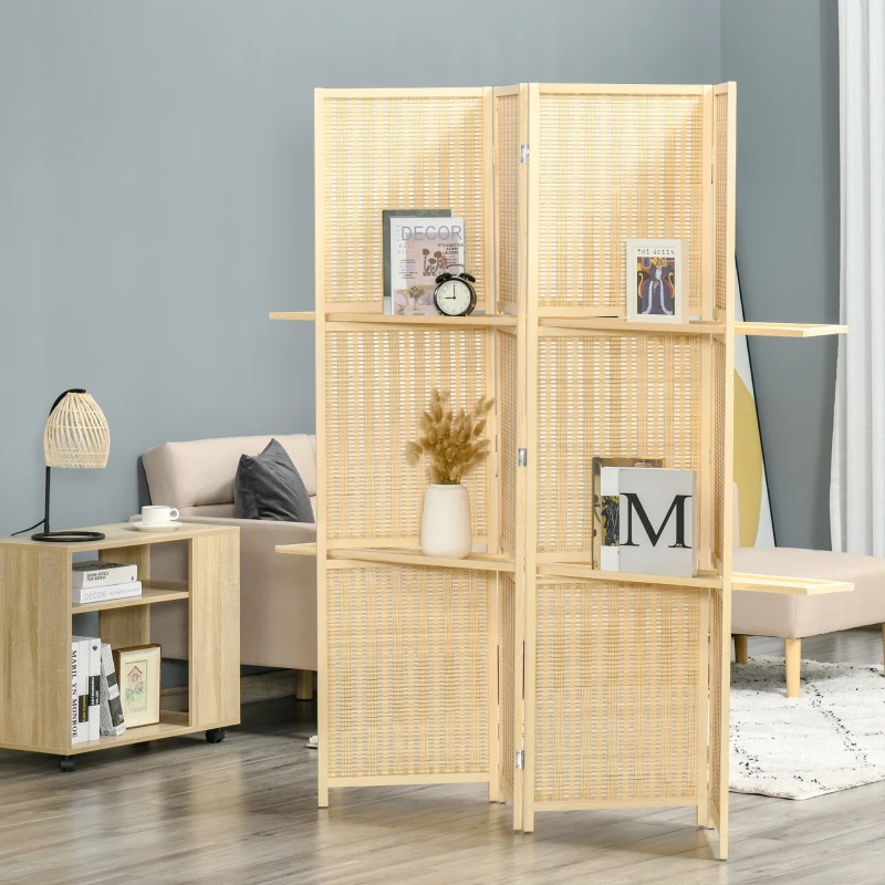 HOMCOM Biombo Separador de Ambientes Plegable de 4 Paneles con 2 Estantes Extraíbles para Dormitorio 180x180 cm Natural