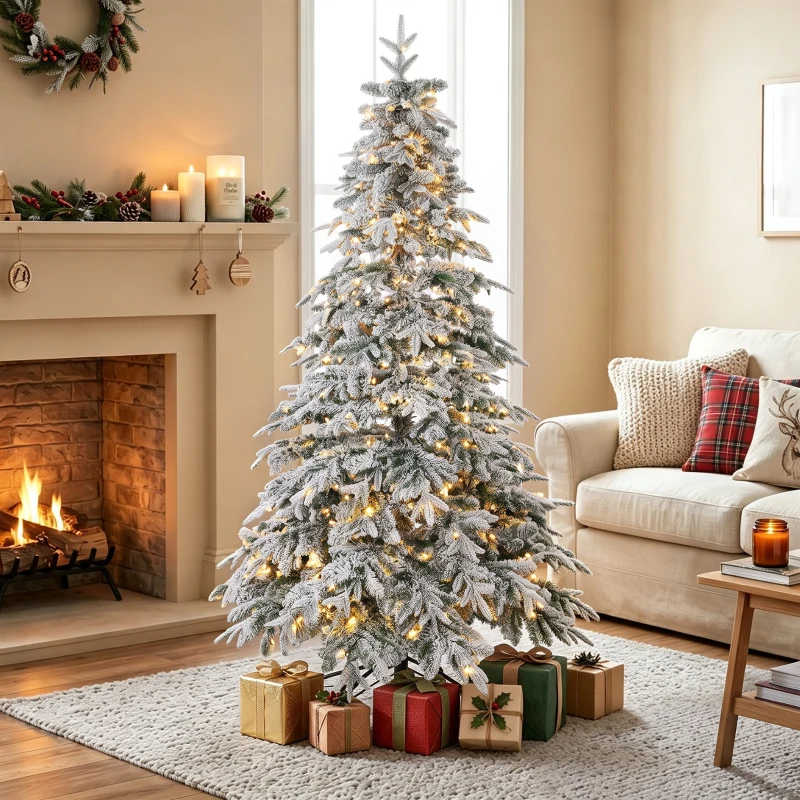 HOMCOM Árvore de Natal Nevada 180cm com 350 Luzes LED Branco Quente Timer Telecomando 8 Modos 740 Ramos Retardantes de Chama