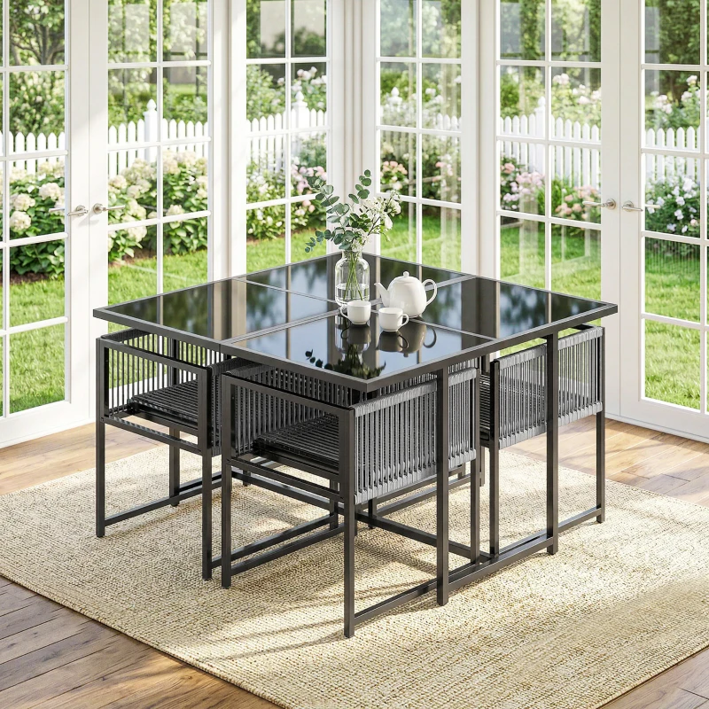 Outsunny Gartenmöbel Set Sitzgruppe 5-teilig Glastisch mit 4 Atmungsaktiven Stühlen klappbar Rückenlehne Seilflecht