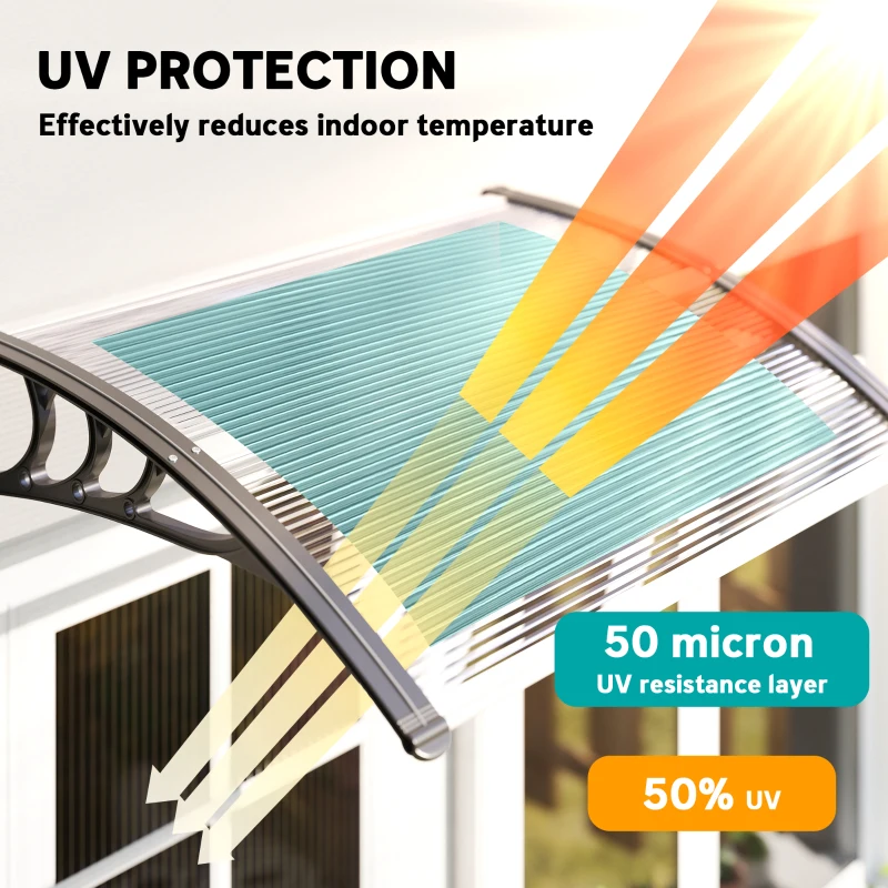 Outsunny Front Door Canopy Outdoor Awning Aluminium Rigid Plastic Polycarbonate Rain Shelter UV Water Rain Resistant 120 x 75cm Black