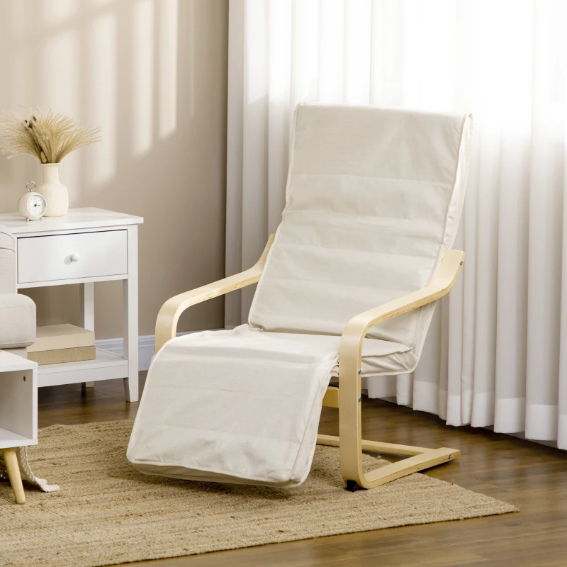 HOMCOM Wooden Lounging Chair Deck Relaxing Recliner Lounge Seat with Adjustable Footrest & Removable Cushion, Cream White