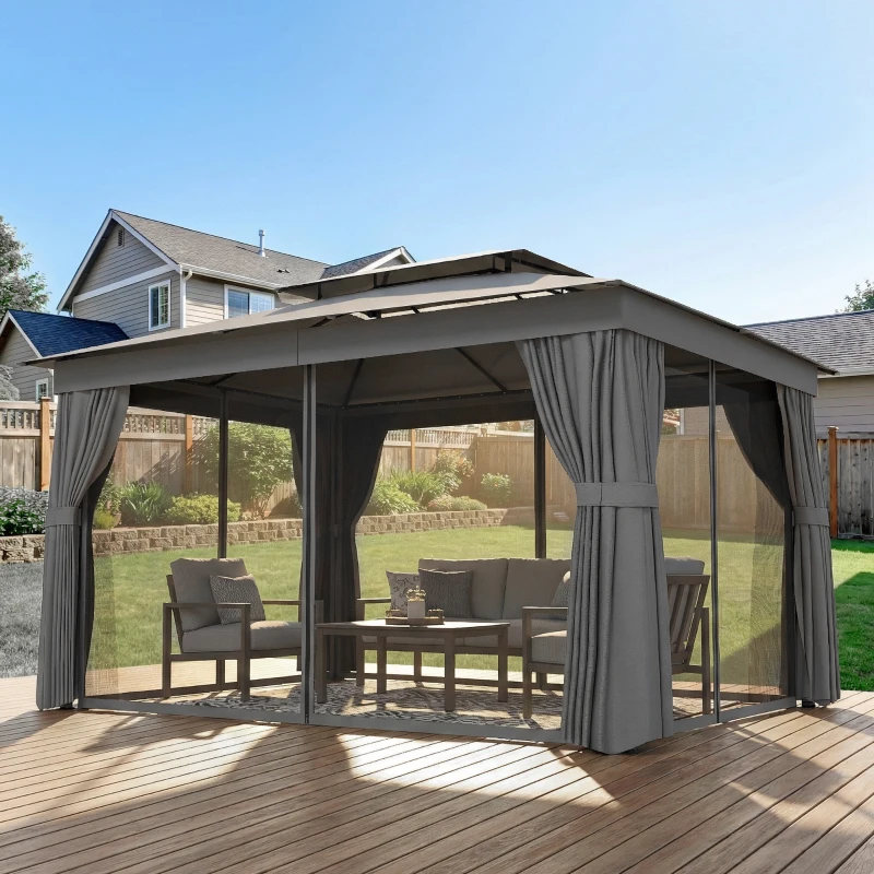 Outsunny Gazebo da Giardino a 2 Livelli con Zanzariere e Tende, in Metallo e Poliestere, 380x300x270 cm, Grigio Scuro