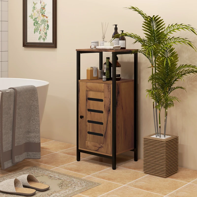 kleankin Meuble bas de salle de bain avec porte à lamelles structure en acier niche ouverte 37 x 30 x 85 cm brun rustique