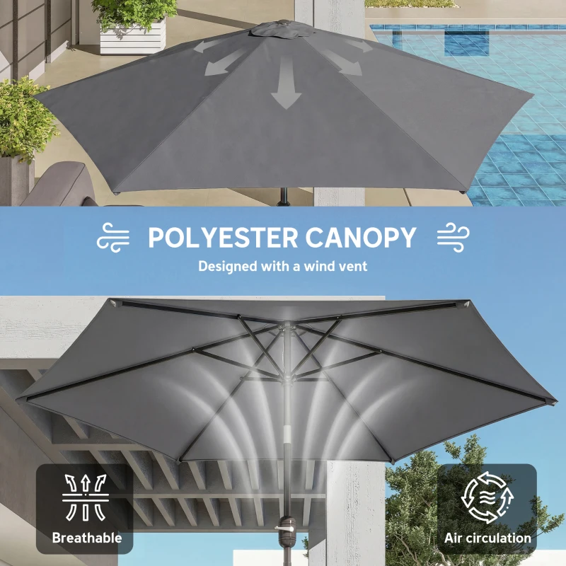 Outsunny 2.6 m Garden Parasol Umbrella with Aluminium Pole, Outdoor Patio Umbrella with Tilt and Crank, Vent, Grey