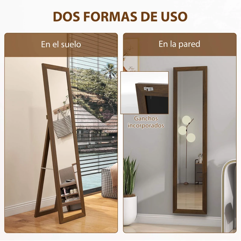 HOMCOM Espejo de Cuerpo Entero 157x37 cm con Marco de MDF Espejo de Pie Inclinado o Colgante Madera Nogal