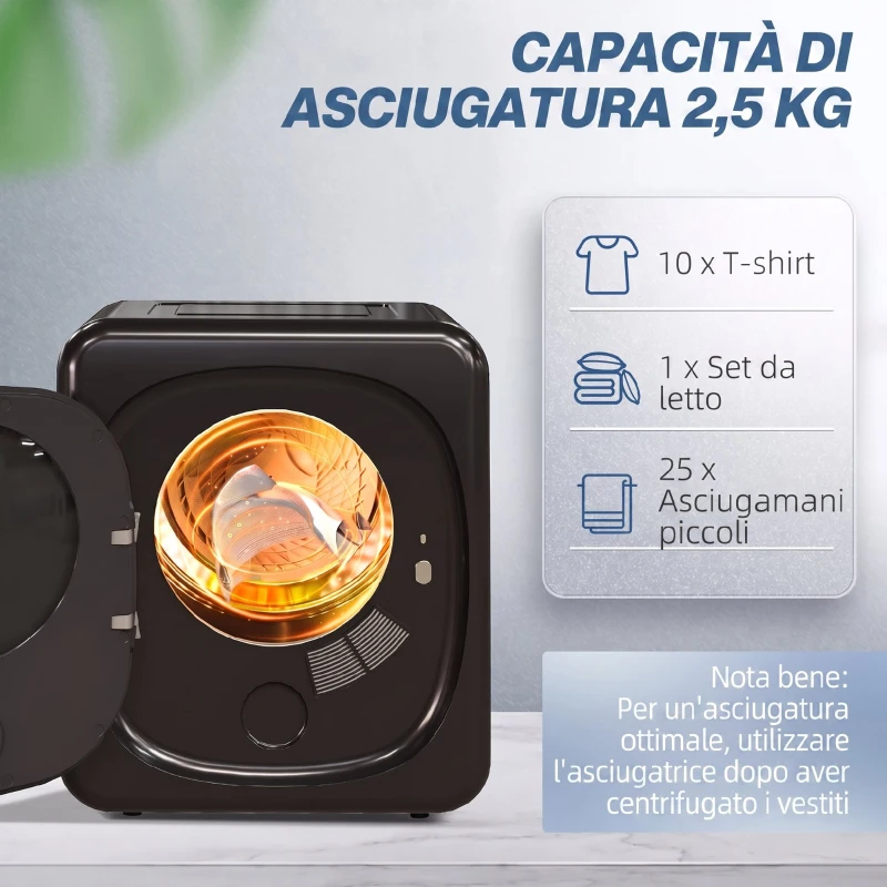 HOMCOM Asciugatrice ad Aria Carico 2.5kg con Timer e Programma Smart, in Acciaio Inox e ABS, 48x40x56 cm, Nero