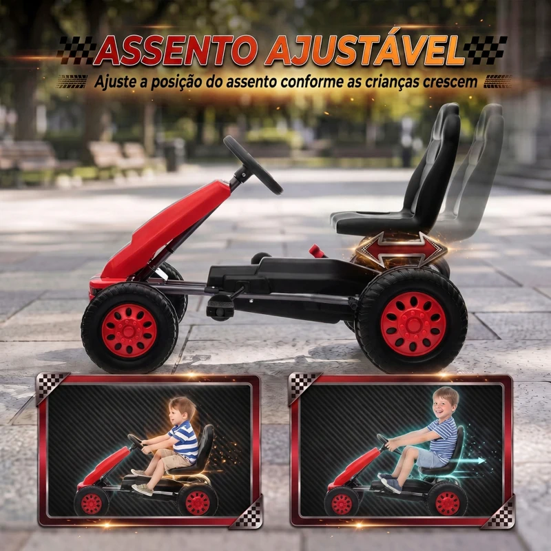 AIYAPLAY Go-Kart para Crianças +3 Anos com Assento Ajustável, Volante, Travão de Mão, Estrutura em Alumínio e Aço, até 30 kg, Vermelho