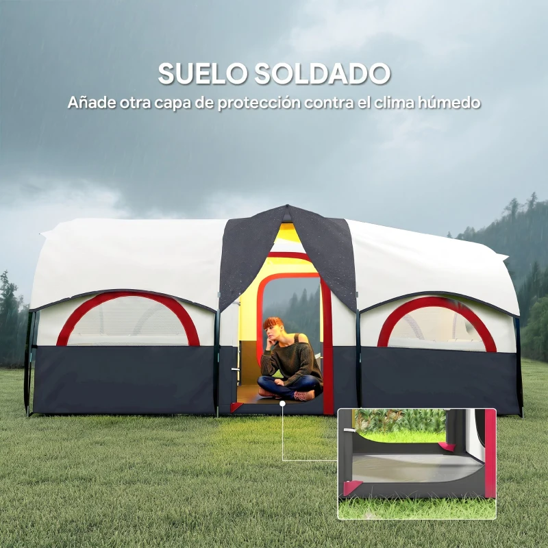 Outsunny Tienda de Campaña Familiar para 4 Personas Impermeable con Dormitorios Independientes 435x251x195 cm Gris y Blanco