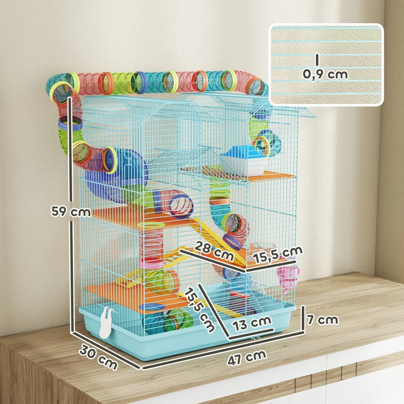 PawHut Gabbia per Criceti a 5 Piani con Tubi Colorati, Ruota, Casetta e Accessori, 47x30x59 cm, Azzurro