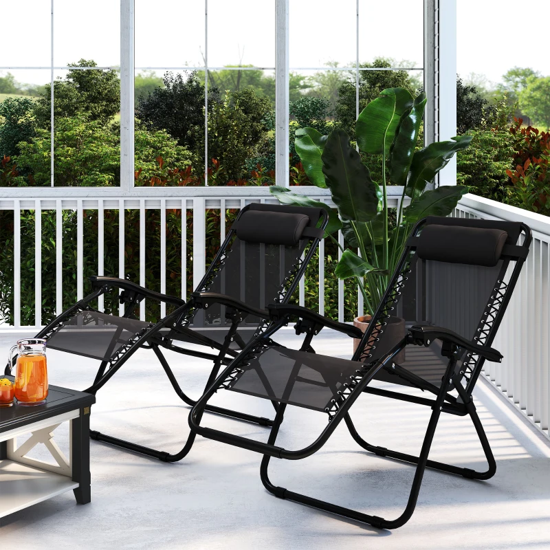 Outsunny Zero Gravity Chair Set of 2, Metal Frame Texteline Armchair Outdoor Folding and Reclining Sun Lounger with Head Pillow for Patio Decking Gardens Camping, Black