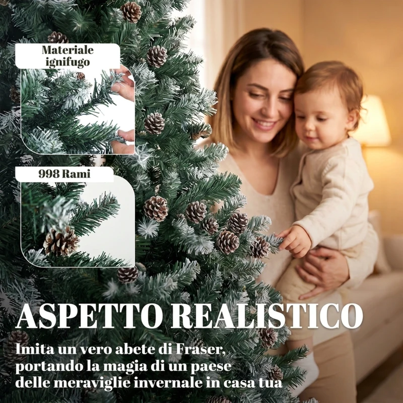 HOMCOM Albero di Natale 210 cm con 998 Rami Innevati e Pigne, Apertura Automatica e Base Pieghevole, Verde