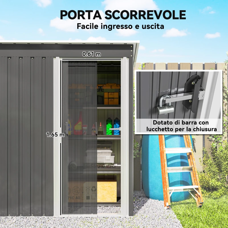 Outsunny Capanno Attrezzi con Tetto Inclinato e Porta Scorrevole, in Acciaio e PP, 163x89x182 cm, Grigio Chiaro