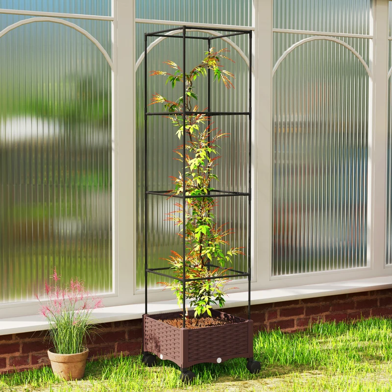 Outsunny Fioriera Rialzata con Traliccio 20L, Ruote Bloccabili e Sistema di Autoirrigazione, Marrone
