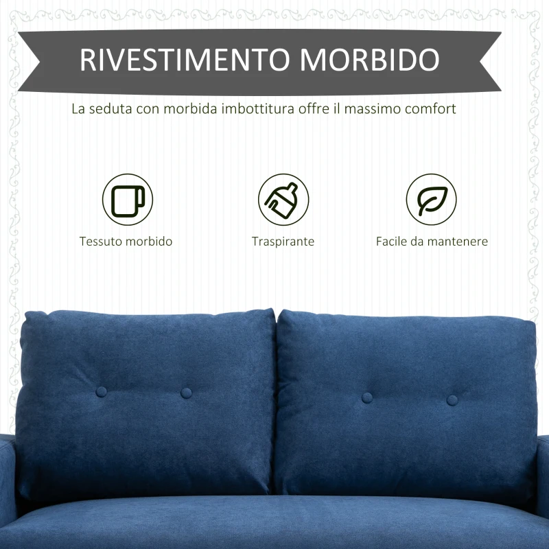 HOMCOM Divano 2 Posti Moderno e Trapuntato in Stile Nordico, in Poliestere e Legno, 145x76x88 cm, Blu
