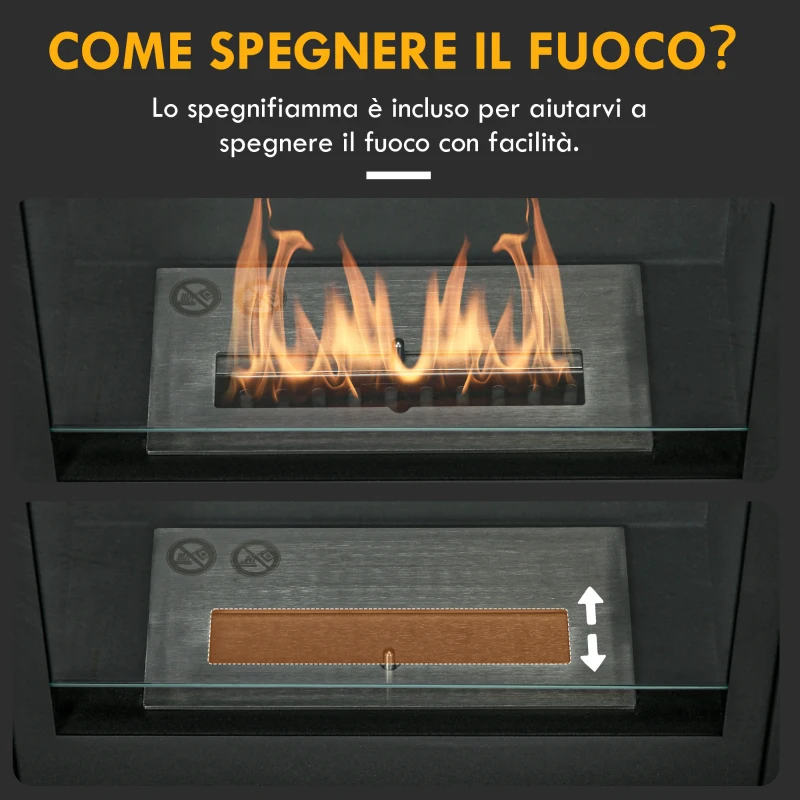 HOMCOM Camino Bioetanolo da Terra con Bruciatore da 0.9L Durata 3 Ore, Area Riscaldata 20-25 m², 73x20x75cm, Nero