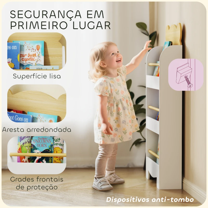 AIYAPLAY Estante Infantil de 3 Níveis Estante para Livros Infantil Desenho de Ursinho 55x15x110 cm Branco e Madeira
