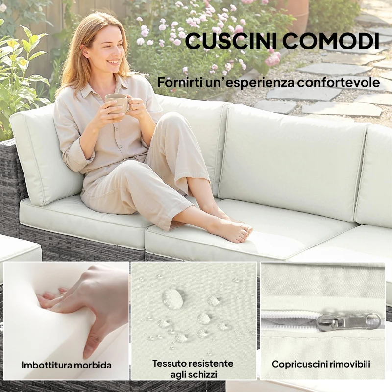 Outsunny Mobili da Giardino 6pz in Rattan e Acciaio con Divano, Tavolino e Cuscini, Grigio