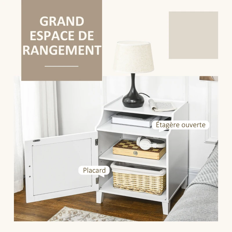 HOMCOM Lot de 2 tables de chevet table de nuit avec placard porte rotin tissé + niche design bohème naturel blanc