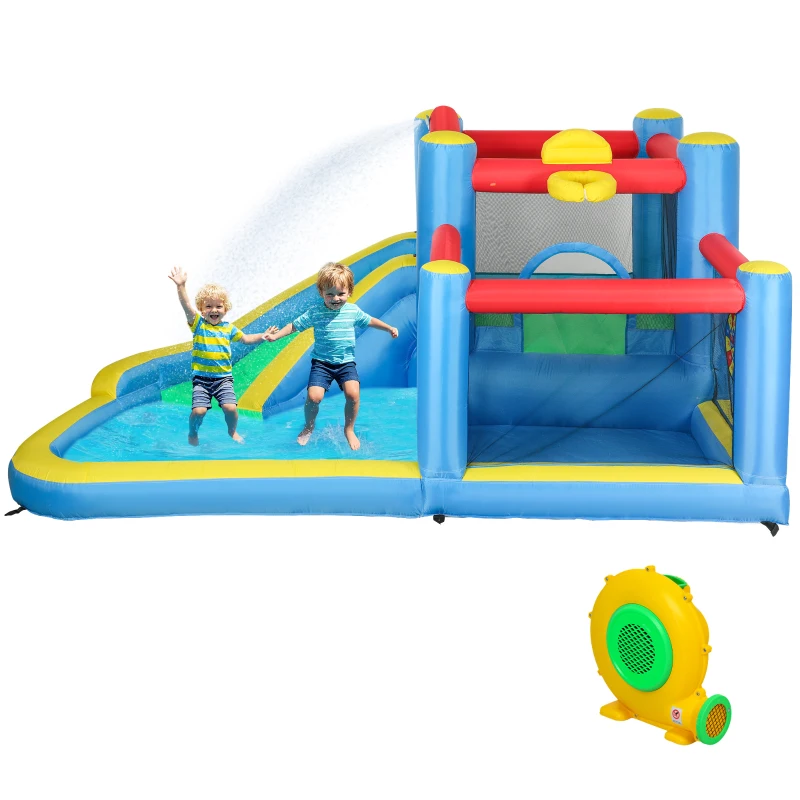AIYAPLAY Inflatable Bouncy Castle with 550W Blower, Basketball Hoop, Long Slide, Dart Board, Carrying Bag, 385 x 290 x 180 cm